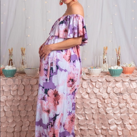 Lavender Floral Ruffle SashTie Maternity MaxiDress - Picture 4 of 4